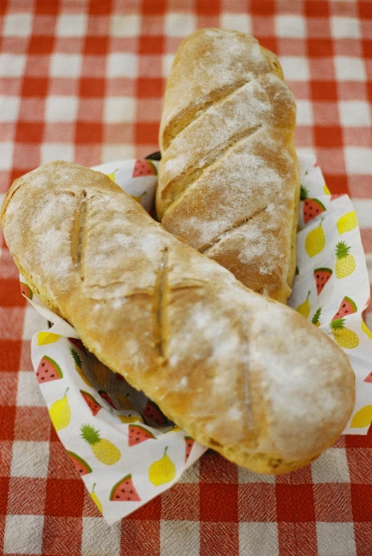 a large sandwich in a bowl on a plaid cloth