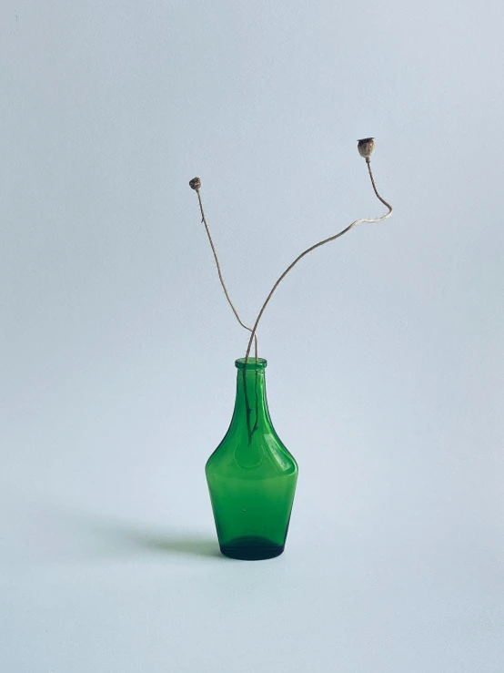 a small green vase with two small flowers in it