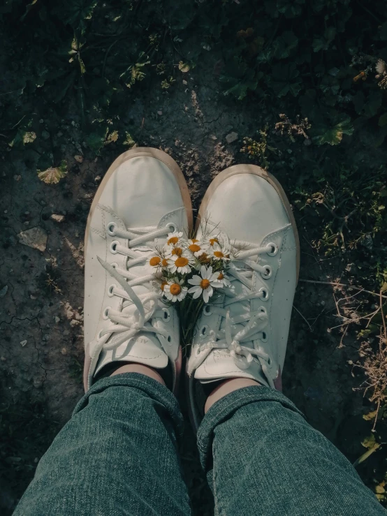 someone standing on the ground holding daisies in their white shoes