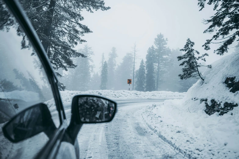 a snowy highway with trees and a red flag in the middle