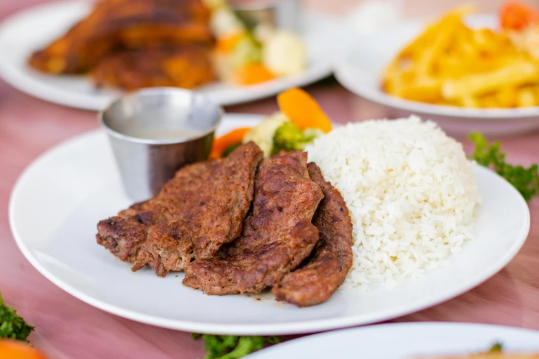 plates of meat and rice sitting on a table