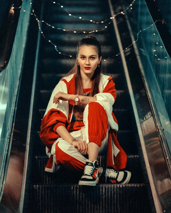 a young woman is sitting on an escalator