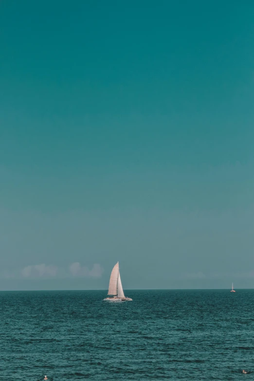 a sailboat in the middle of the ocean on a clear day