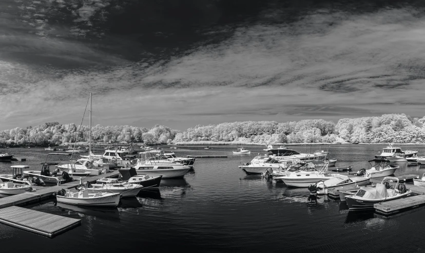 a group of boats in the water with trees and clouds above