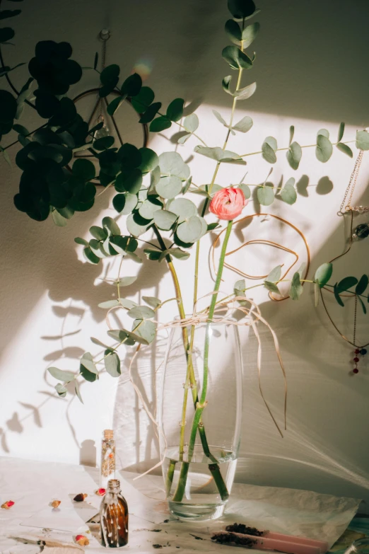 a vase full of flowers next to a bottle