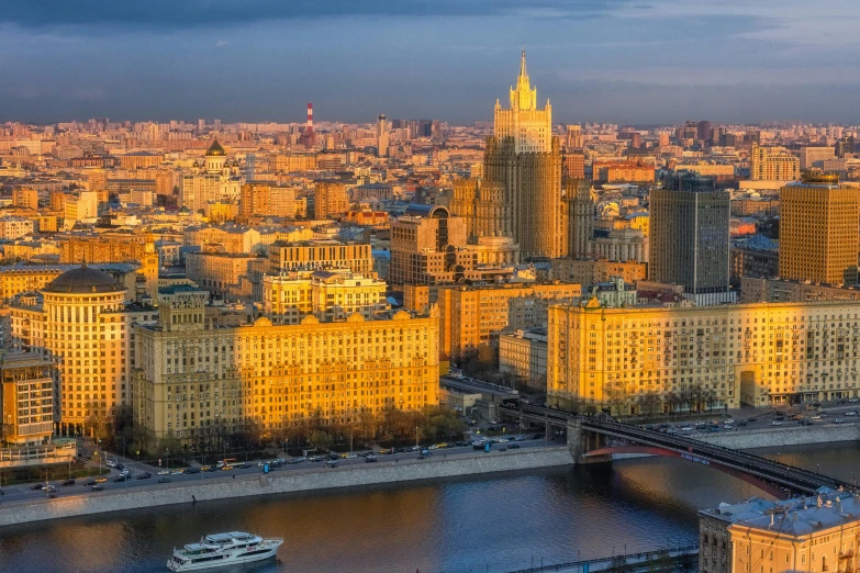 aerial view of metropolitan cityscape and river, in the middle