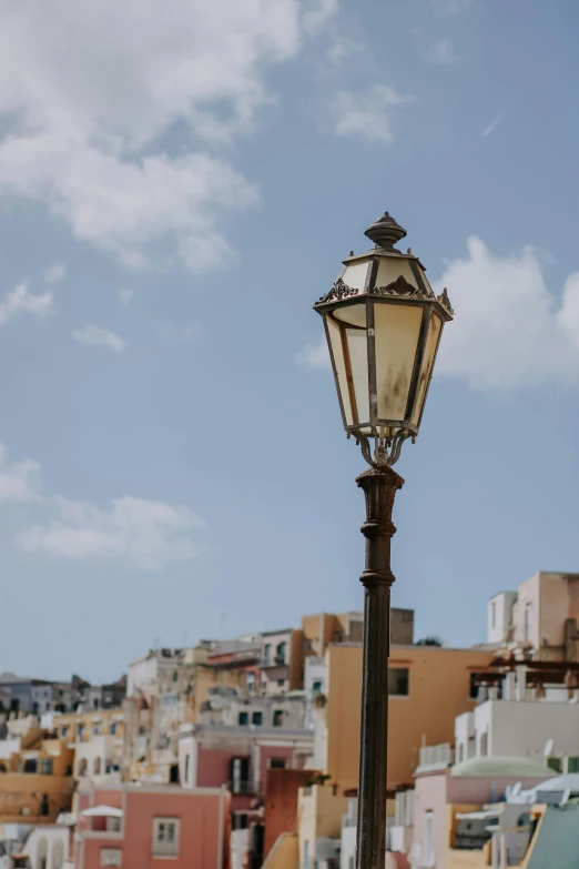 a street lamp with a blue sky background