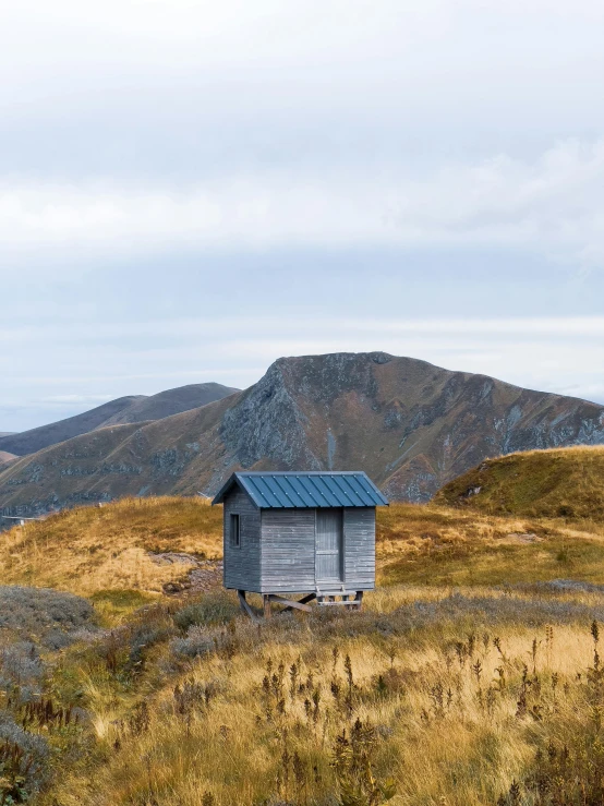 a small cabin sitting in a grassy field with a mountain behind it