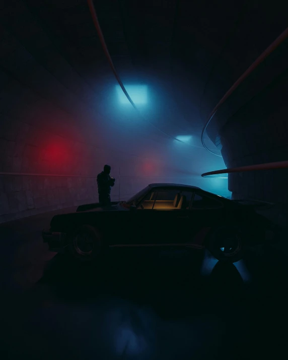 man standing in the dark looking at his car