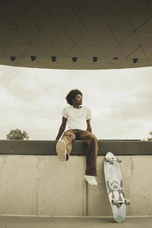 a guy sitting with his skateboard in front of him