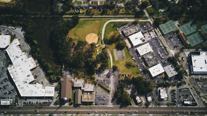 aerial view of a city, a park and lots of buildings