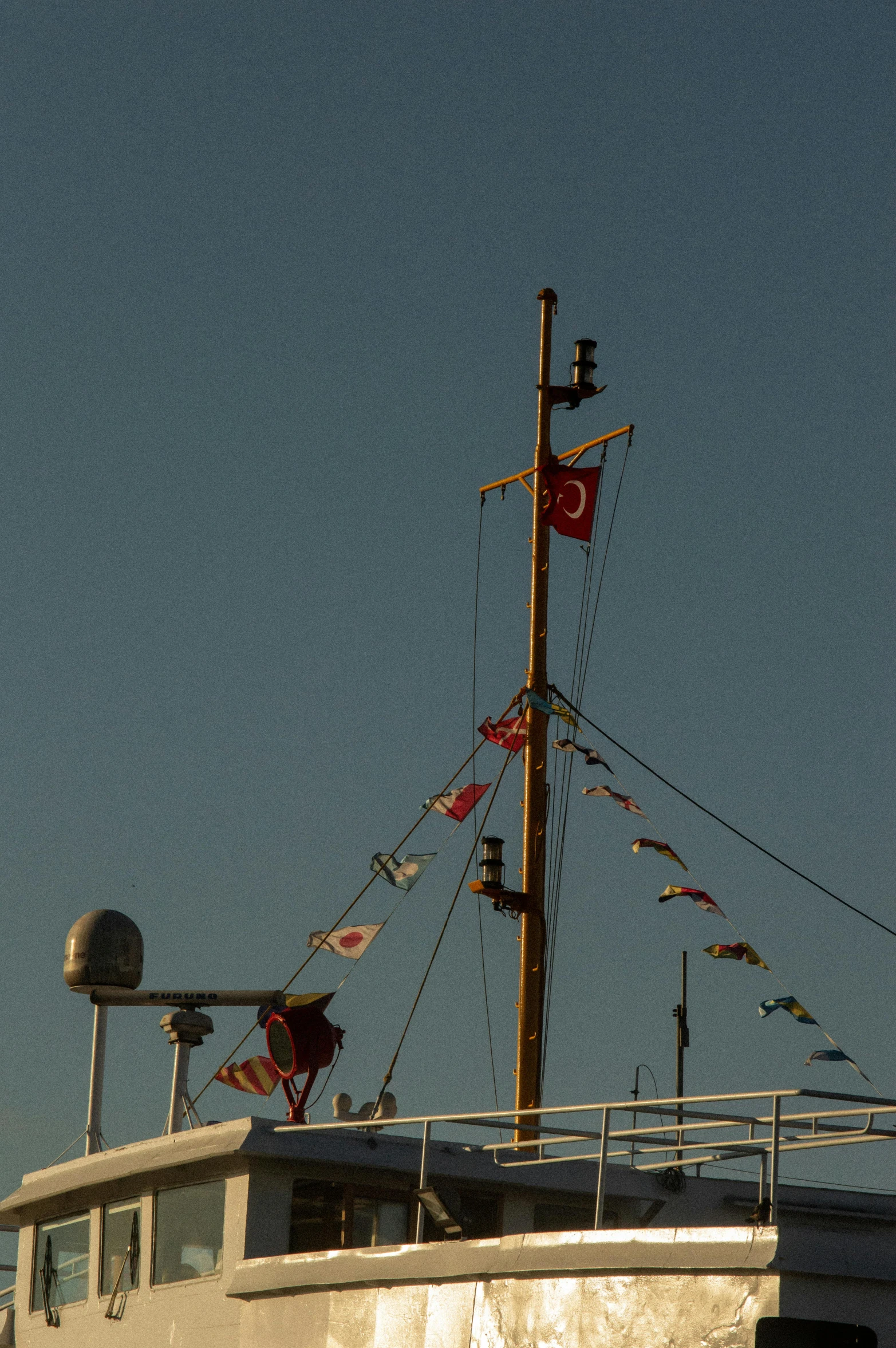 a view of a boat with some boats flags