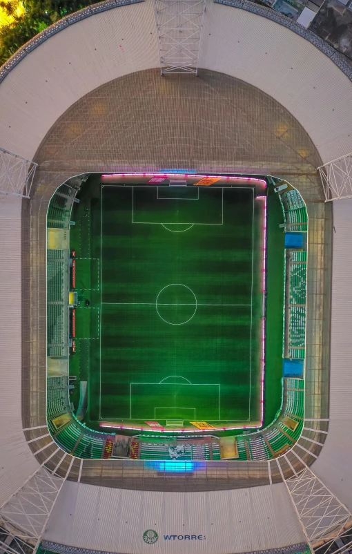 aerial view of an empty soccer stadium at night
