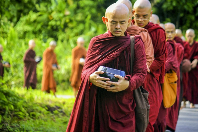 monks are walking down a pathway in a line