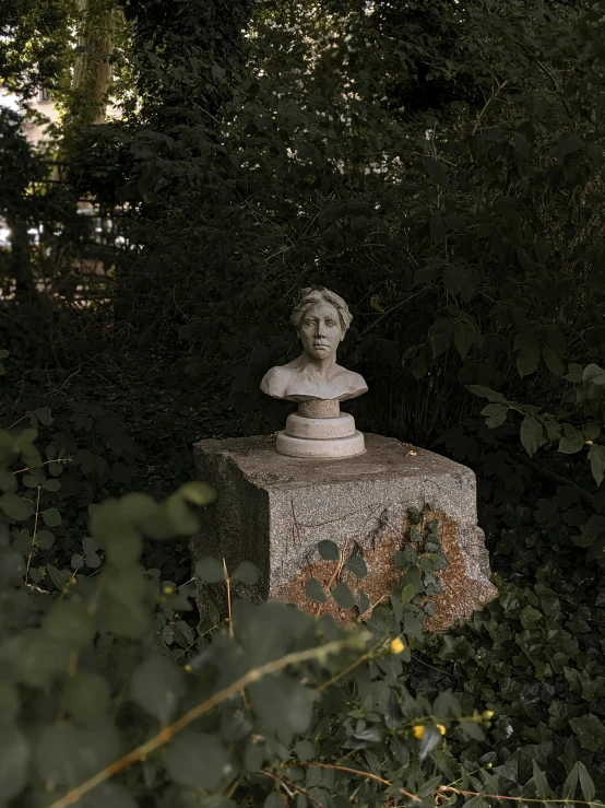 a statue sits in the middle of trees