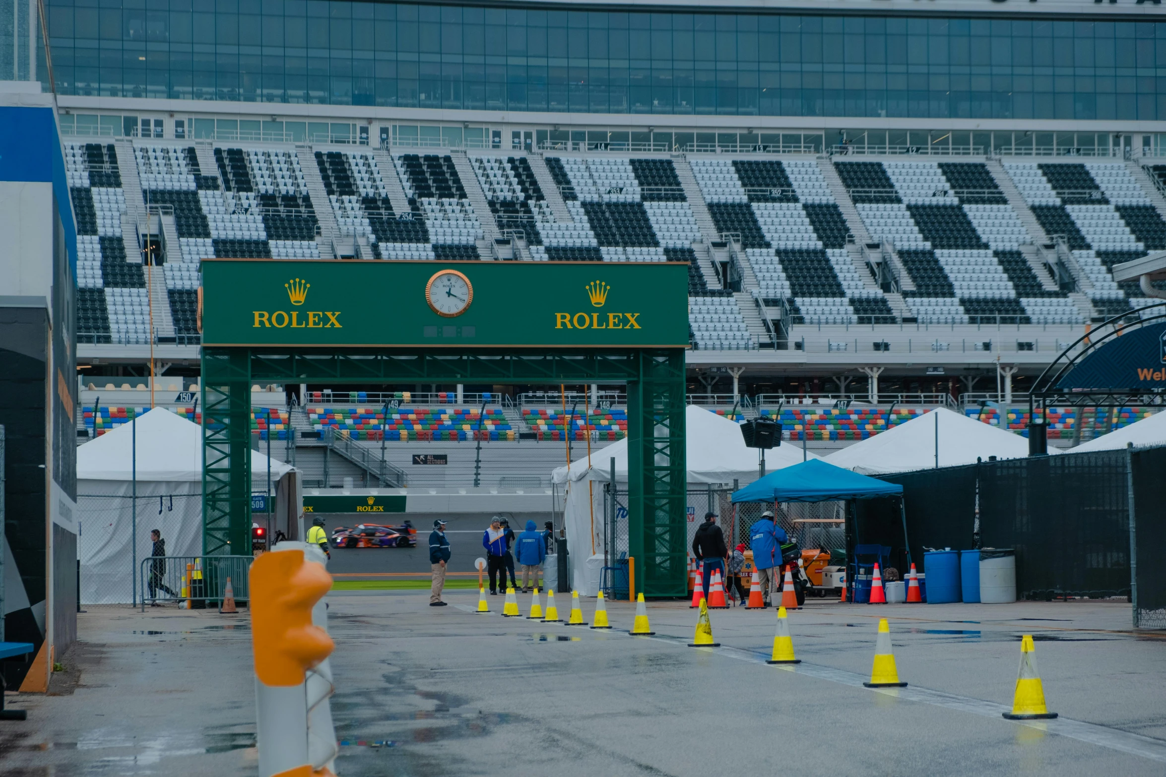 a person standing at the end of a race track