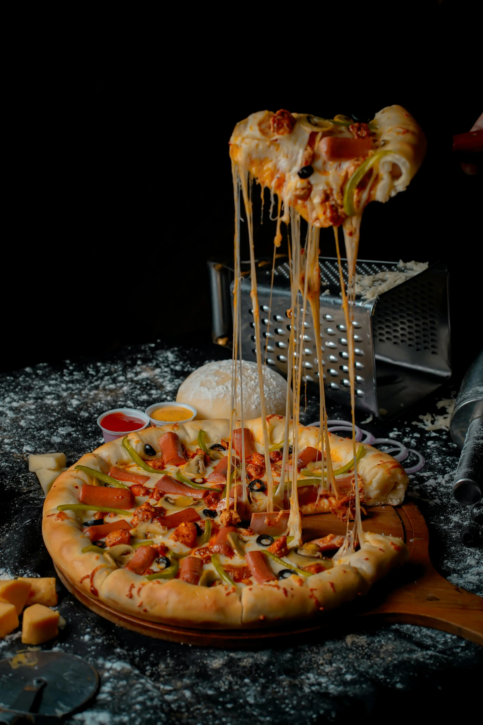 one slice being taken from the top of a pepperoni pizza