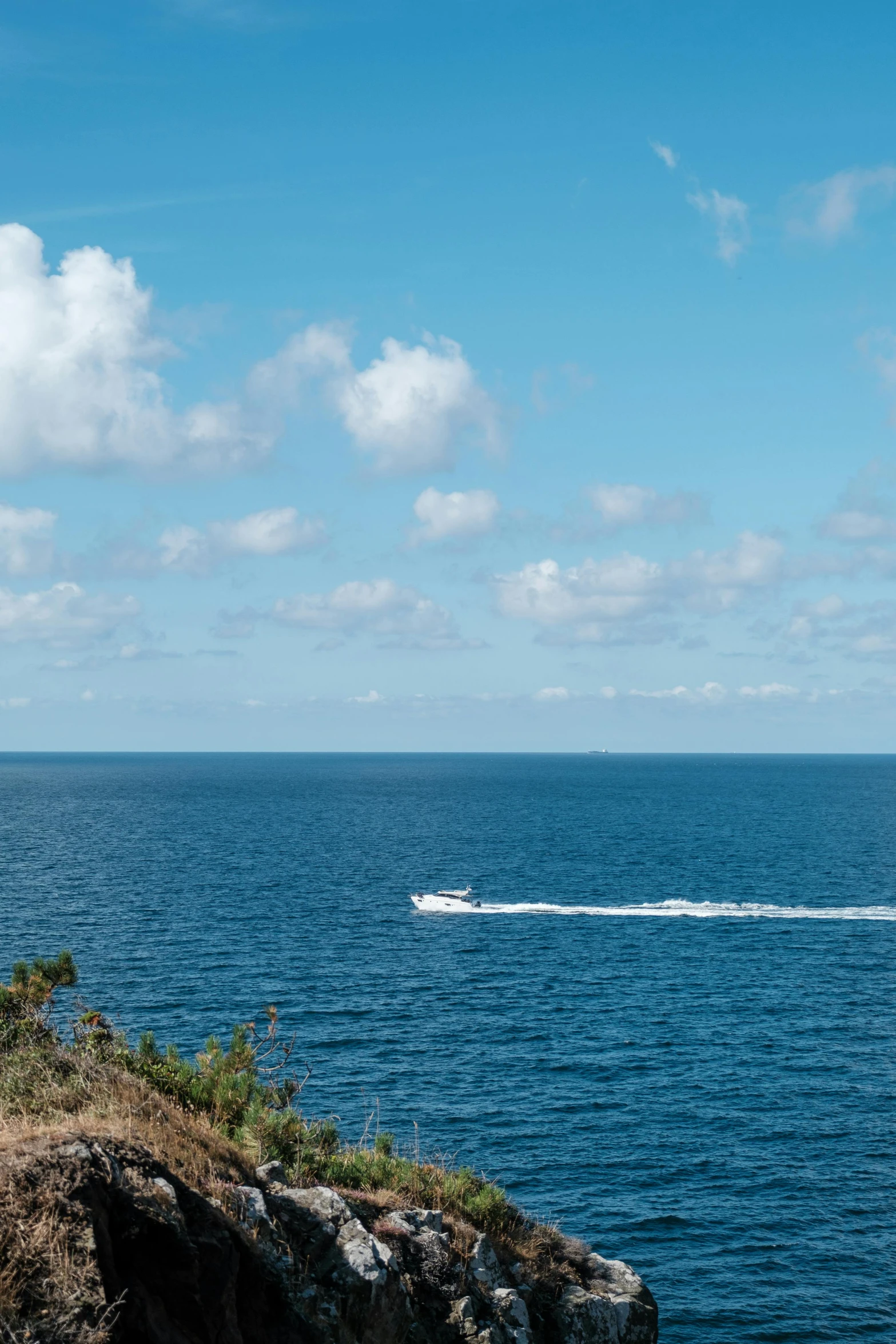 a speedboat moves across the vast blue water