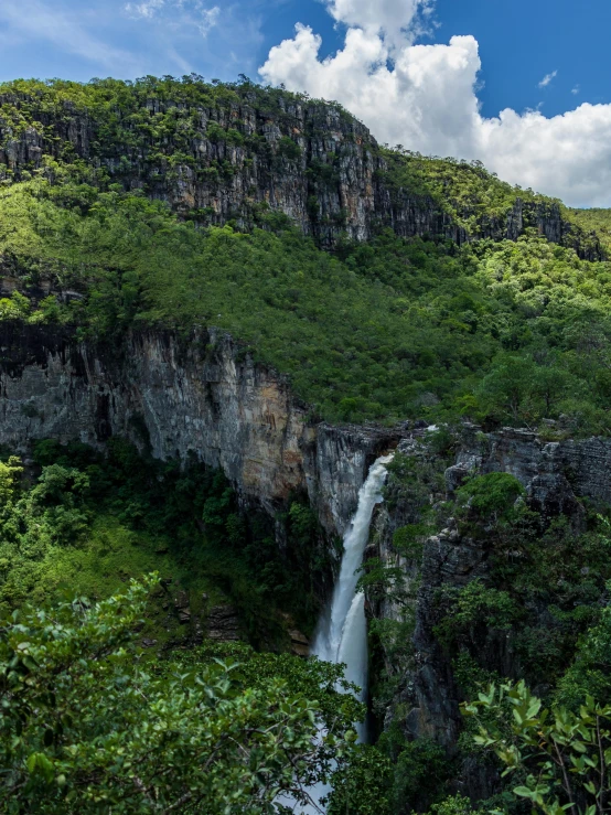 a lush green valley and waterfall under cloudy skies