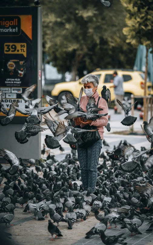 a person with lots of birds in the street