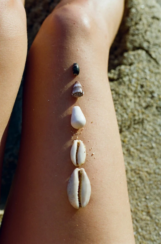 an extreme close up po of the side of a woman's arm with shells on it