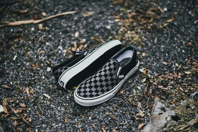 a pair of vans shoes laying on the ground