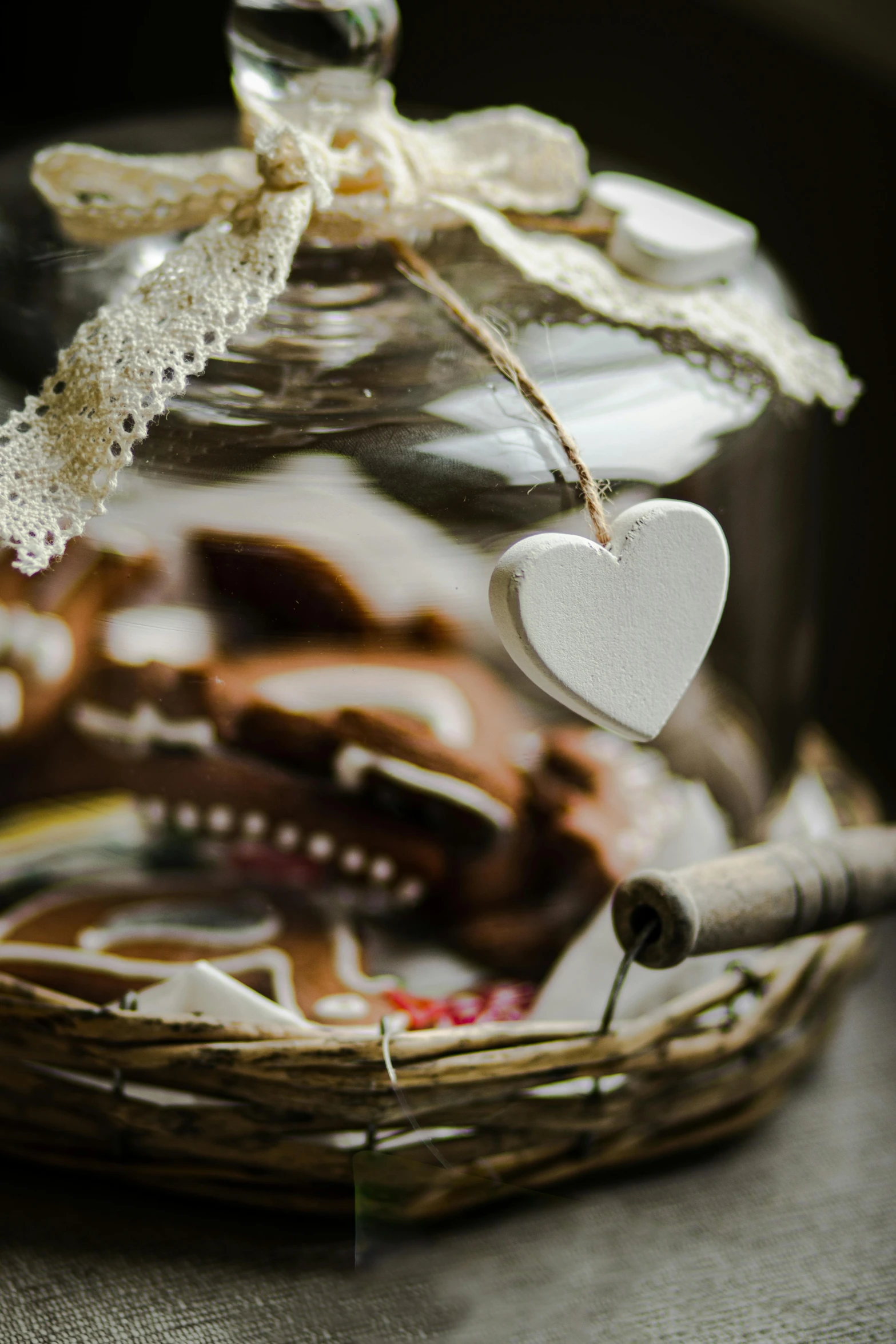 the jar with the items is filled and sitting on a table