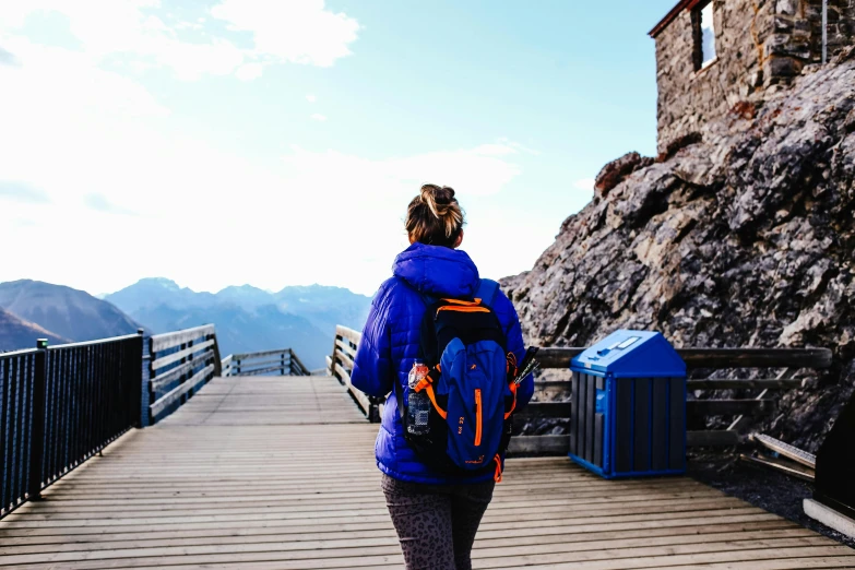 a woman is on a walkway overlooking a scenic area