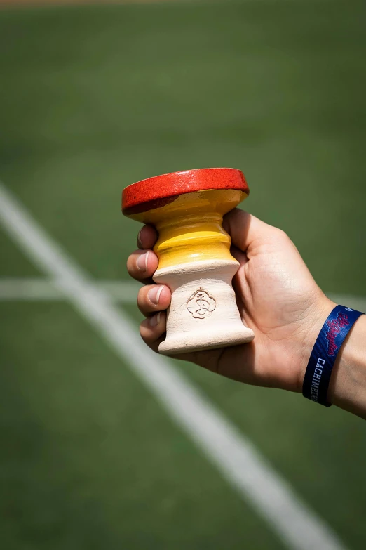 a hand holding a wooden cup and plastic cup