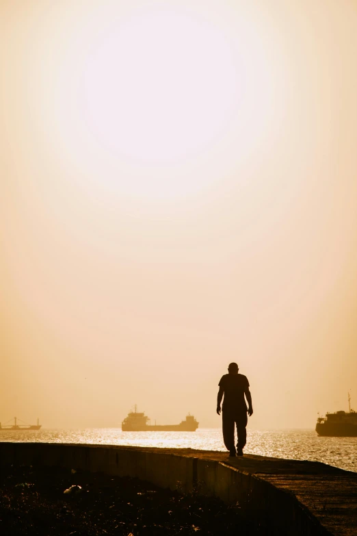 person walking down path near body of water and cargo ship in distance