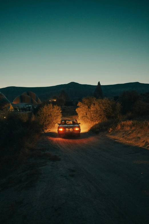 a small car driving on a road near bushes