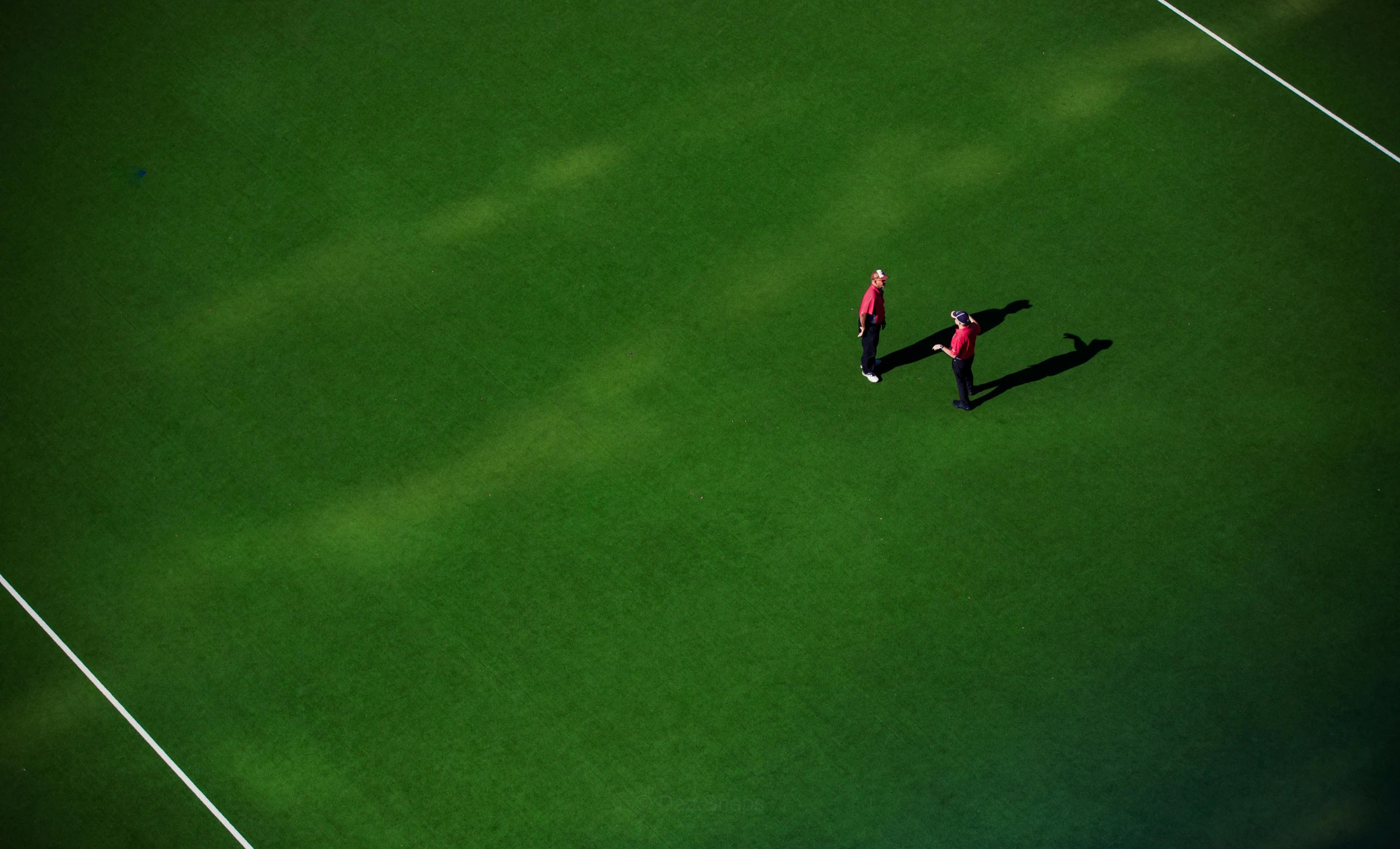 two people walking on grass near each other