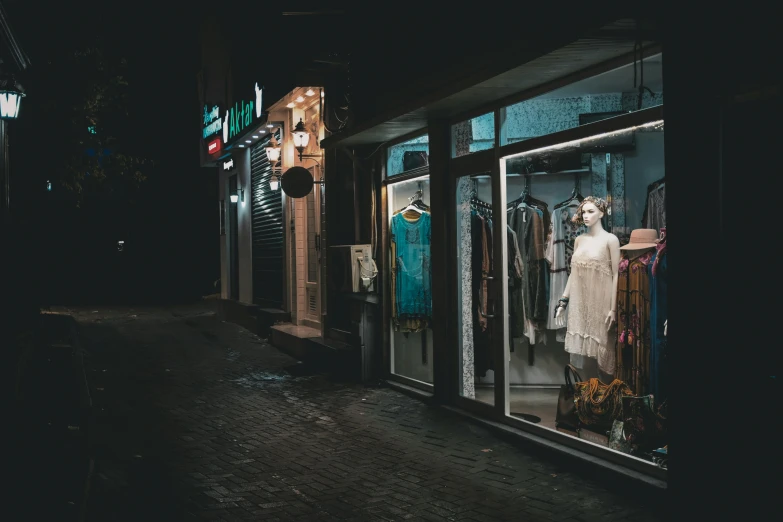 the shop windows at night are lighted up with christmas lights