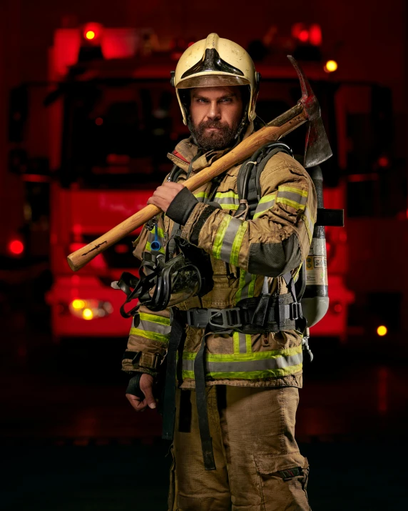 a fire fighter with an axua with flames in the background