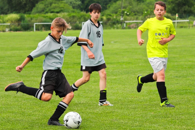 the children are playing soccer on the field