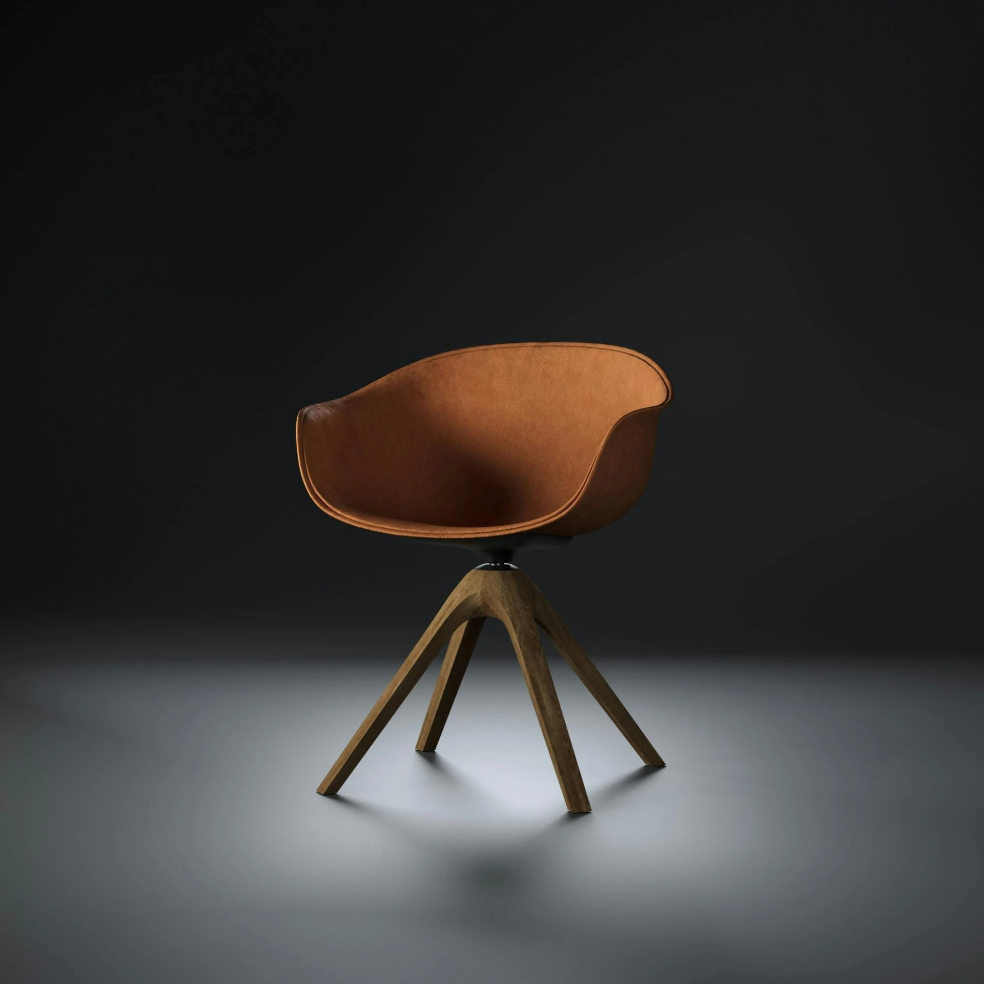 a modern chair made from an oak base and leather upholstered seat