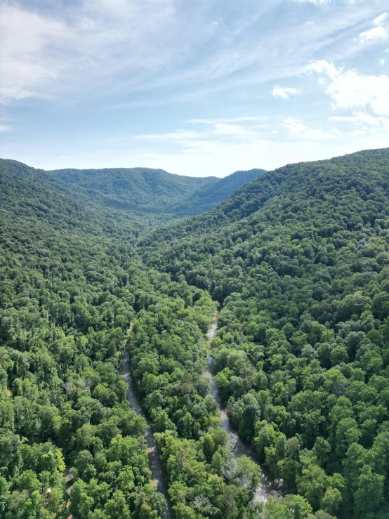 a view of the green mountains, and stream running through them