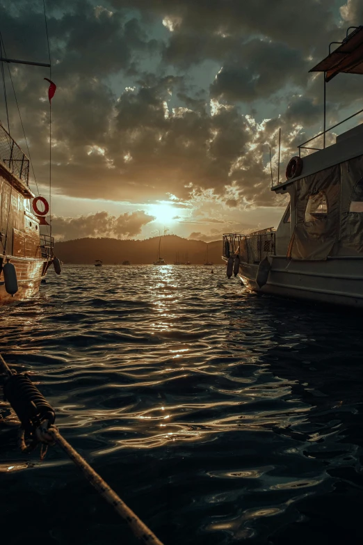 two boats are on the water in the evening