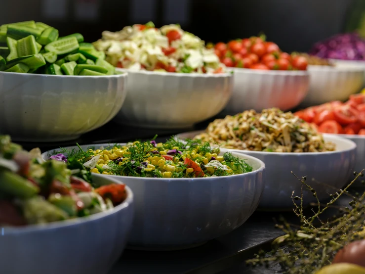 many bowls of salad in a variety of colors and sizes