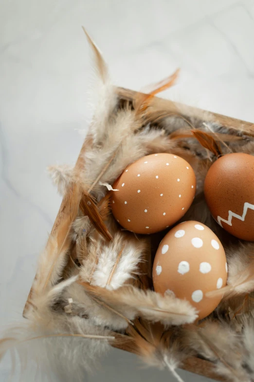 three brown eggs with white designs and feathers