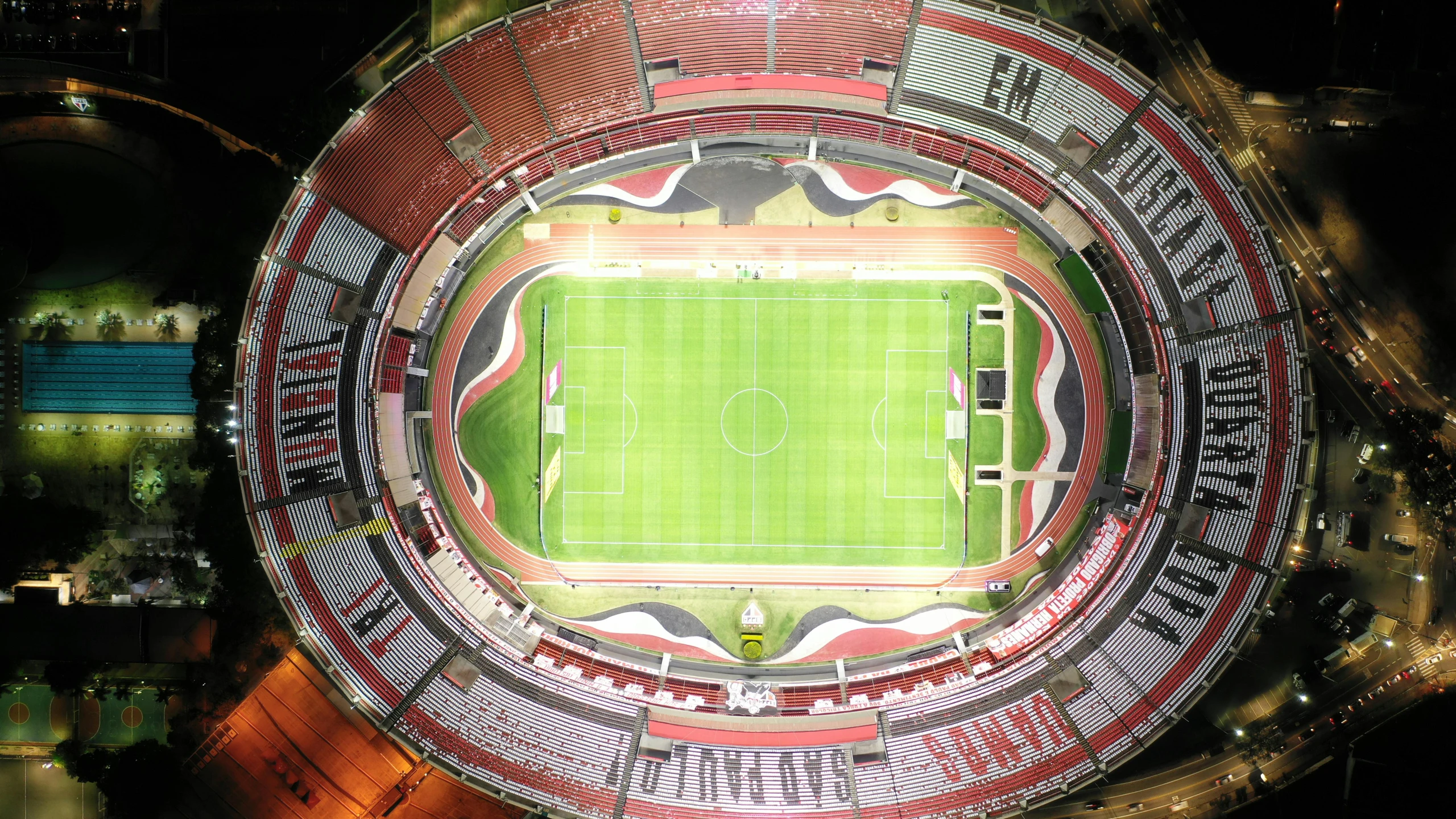 a stadium is seen from the air at night