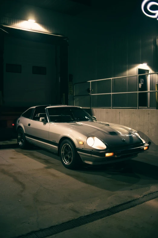 this is a sports car in a dark parking lot