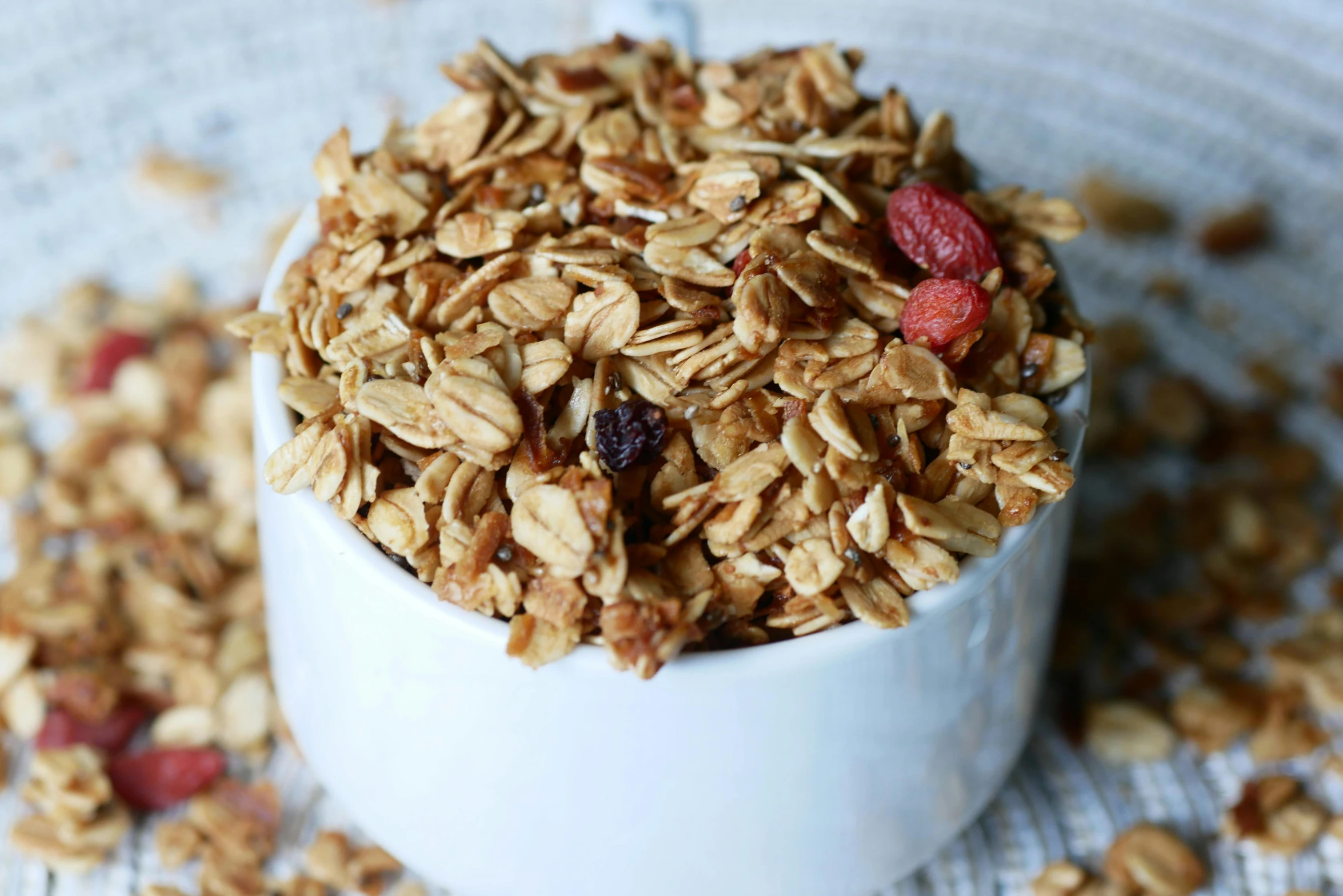 granola sitting on a table with a plate behind it