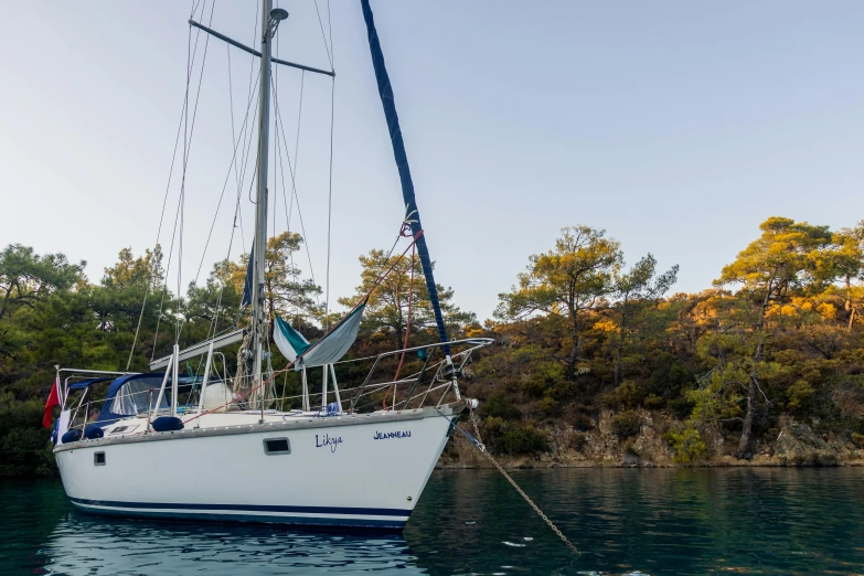 a sail boat is docked near a bank