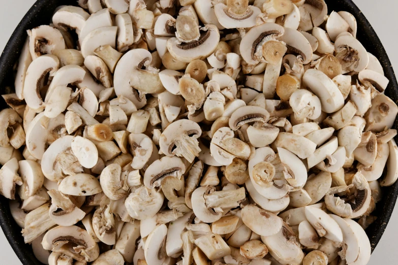 several sliced mushrooms in a black pan on top of a counter