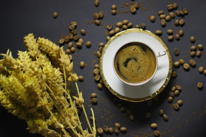 an overhead view of a cup with a coffee inside and some small grains around it