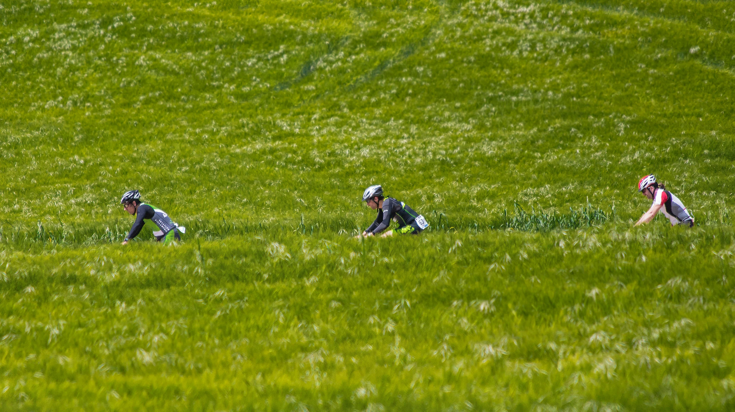 three people wearing helmets work in a large field