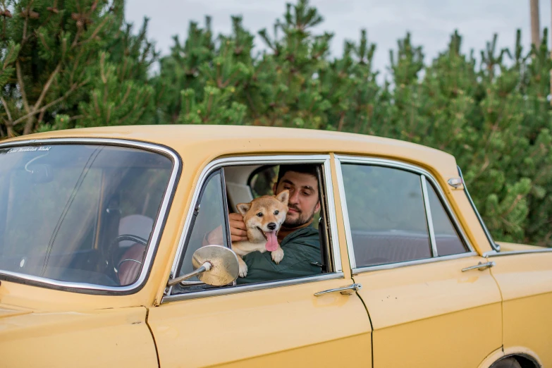 a man and a dog in a car while driving