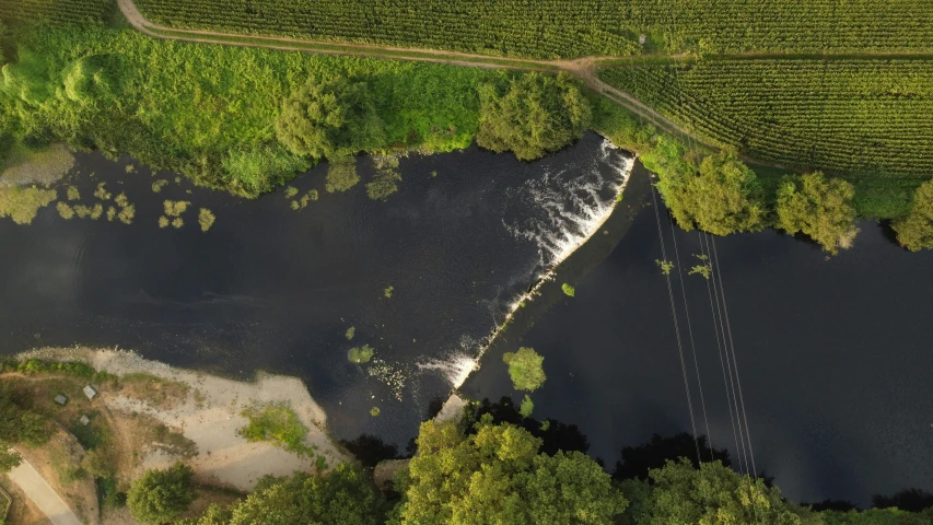 aerial view of water stream running through a field