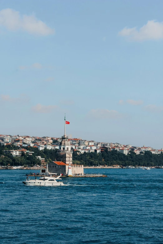 a boat on the water with a city in the background